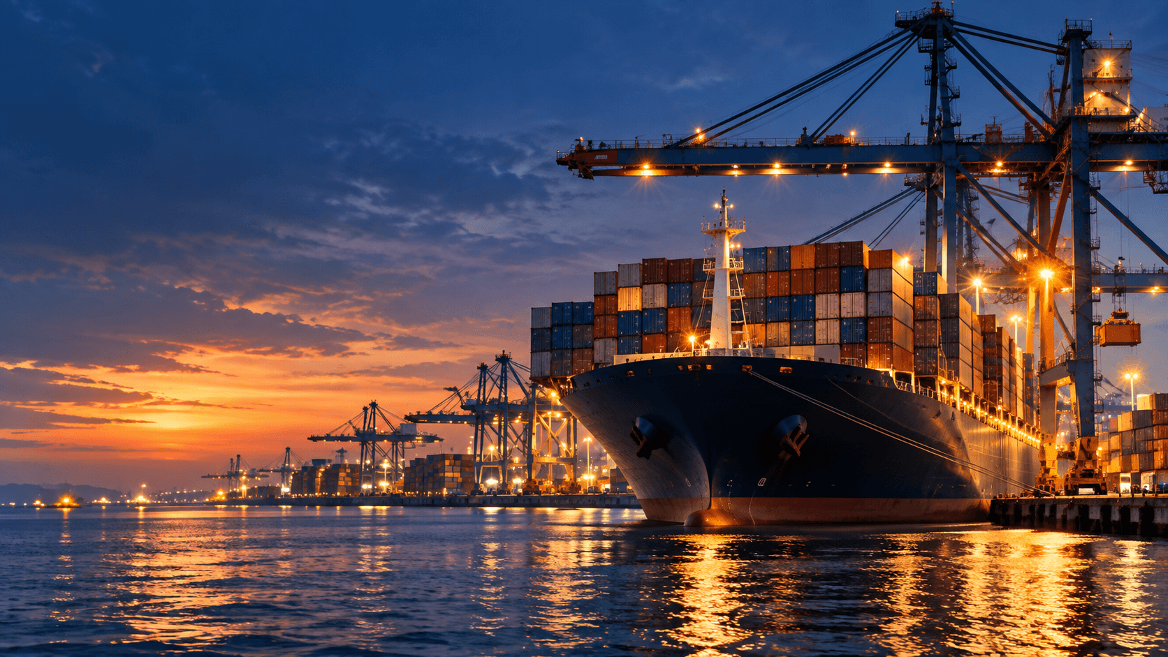 Container ship and port cranes at dusk