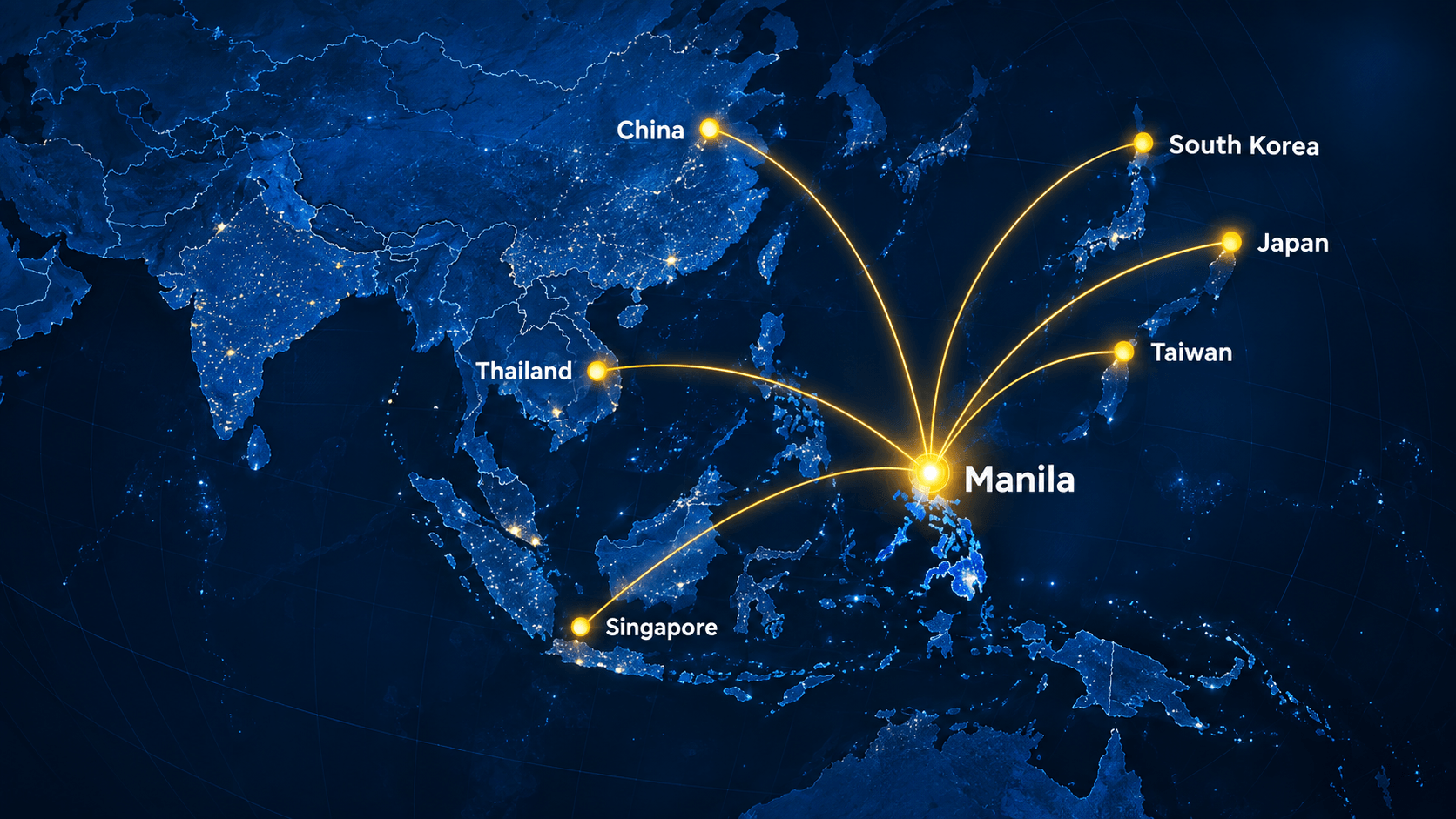 Map showing routes from Manila to partner markets in Singapore, Thailand, China, Taiwan, Japan, and South Korea